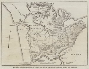 Carte du pays entre Auckland et la rivière Waikato, Nouvelle-Zélande, illustrant la guerre avec les indigènes